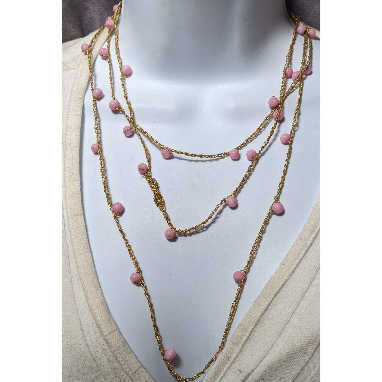 Extra Long Gold Tone Pink Beaded Station Necklace