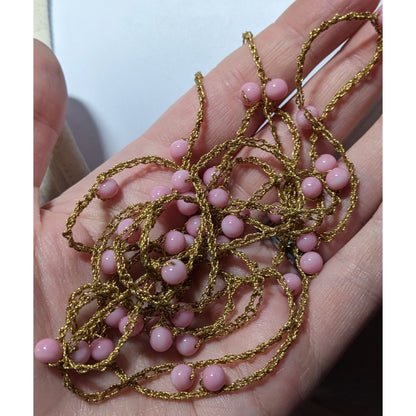 Extra Long Gold Tone Pink Beaded Station Necklace