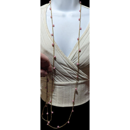 Extra Long Gold Tone Pink Beaded Station Necklace