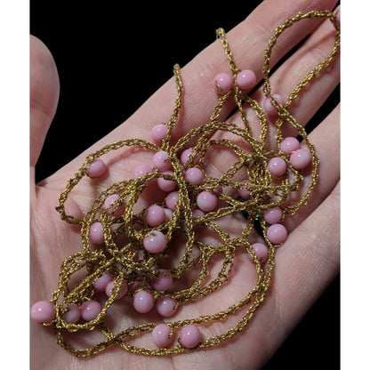 Extra Long Gold Tone Pink Beaded Station Necklace