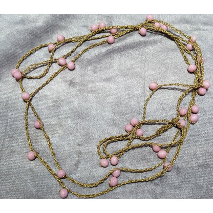 Extra Long Gold Tone Pink Beaded Station Necklace