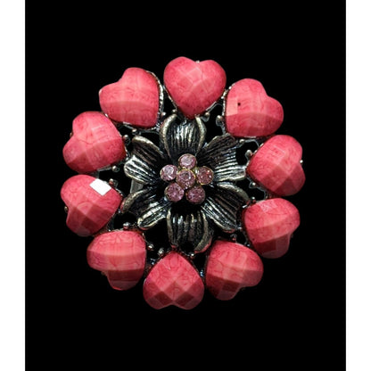 Coquette Floral Heart Pink And Silver Tone Adjustable Ring Size 6 1/2