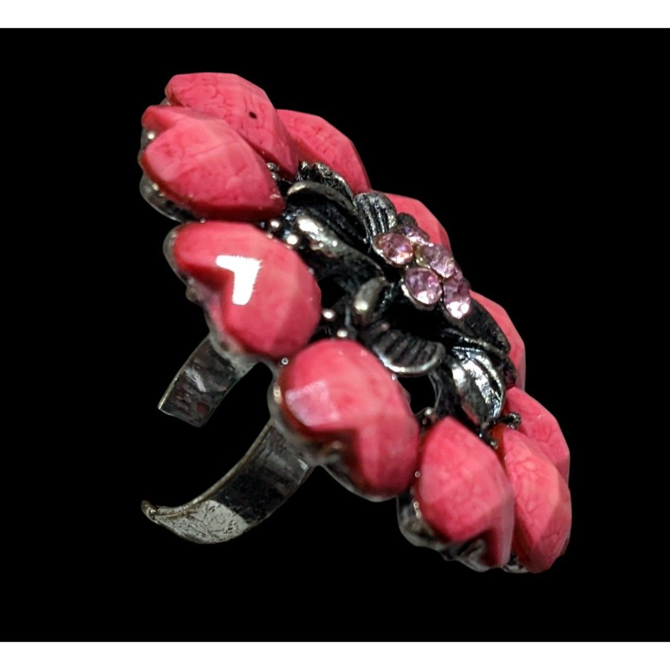 Coquette Floral Heart Pink And Silver Tone Adjustable Ring Size 6 1/2