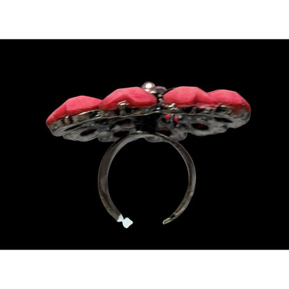 Coquette Floral Heart Pink And Silver Tone Adjustable Ring Size 6 1/2