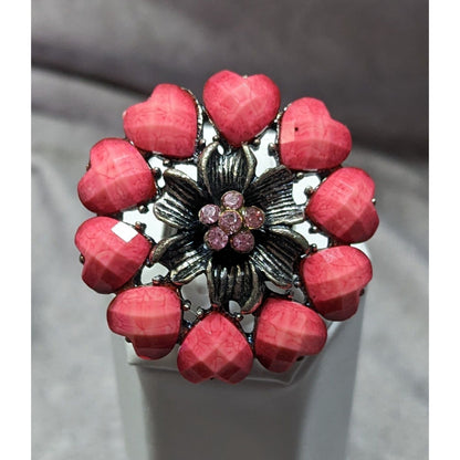Coquette Floral Heart Pink And Silver Tone Adjustable Ring Size 6 1/2