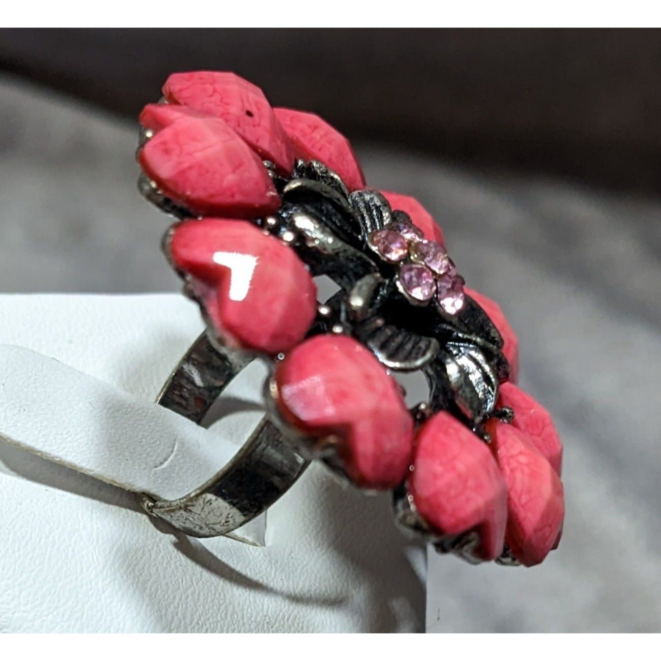 Coquette Floral Heart Pink And Silver Tone Adjustable Ring Size 6 1/2