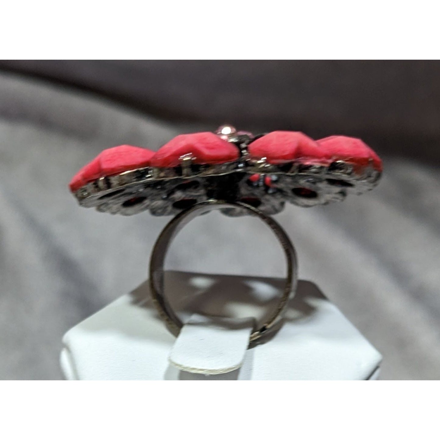 Coquette Floral Heart Pink And Silver Tone Adjustable Ring Size 6 1/2