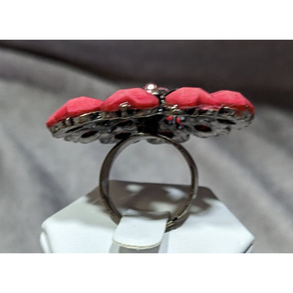 Coquette Floral Heart Pink And Silver Tone Adjustable Ring Size 6 1/2