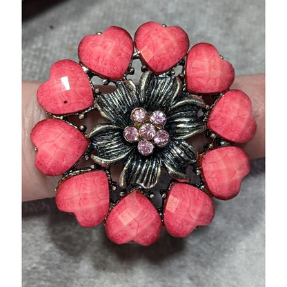 Coquette Floral Heart Pink And Silver Tone Adjustable Ring Size 6 1/2