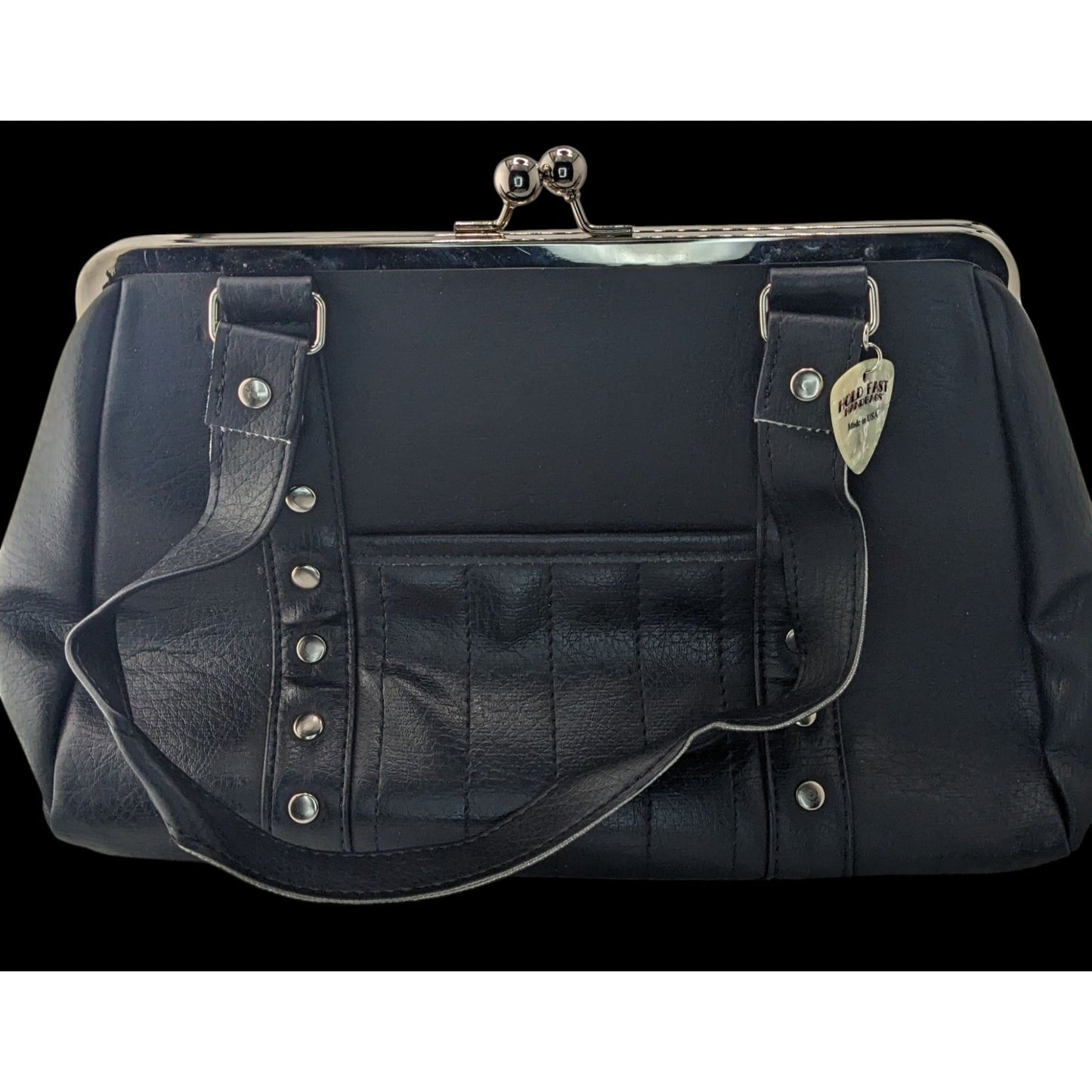 Hold Fast Handmade Gothic Black Faux Leather Handbag With Silver Studs & Kiss Lock Closure USA 11x8x4 Inch