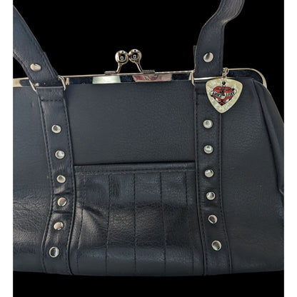 Hold Fast Handmade Gothic Black Faux Leather Handbag With Silver Studs & Kiss Lock Closure USA 11x8x4 Inch