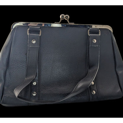 Hold Fast Handmade Gothic Black Faux Leather Handbag With Silver Studs & Kiss Lock Closure USA 11x8x4 Inch