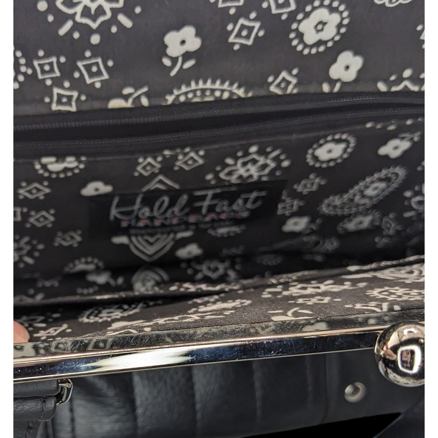 Hold Fast Handmade Gothic Black Faux Leather Handbag With Silver Studs & Kiss Lock Closure USA 11x8x4 Inch