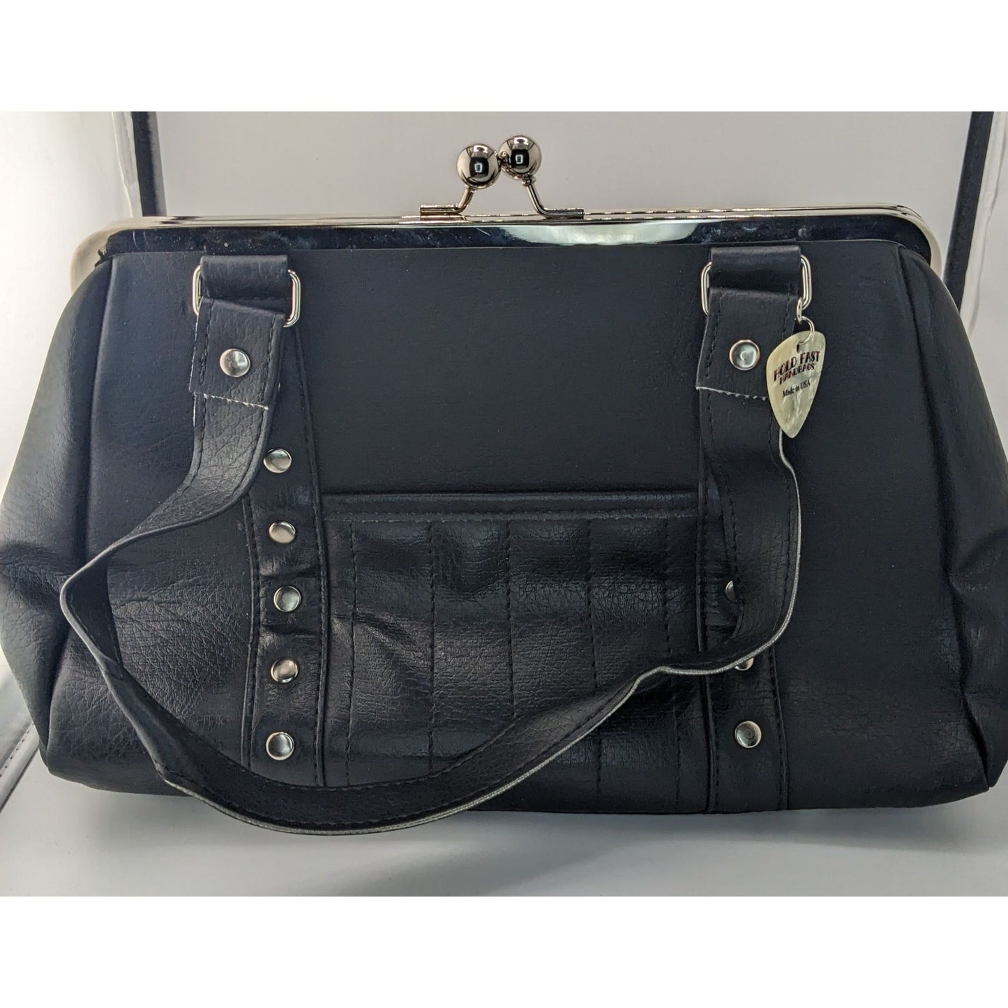 Hold Fast Handmade Gothic Black Faux Leather Handbag With Silver Studs & Kiss Lock Closure USA 11x8x4 Inch