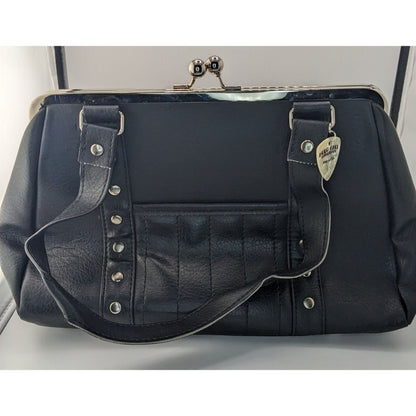 Hold Fast Handmade Gothic Black Faux Leather Handbag With Silver Studs & Kiss Lock Closure USA 11x8x4 Inch