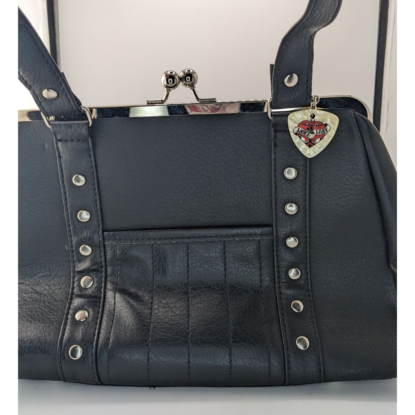 Hold Fast Handmade Gothic Black Faux Leather Handbag With Silver Studs & Kiss Lock Closure USA 11x8x4 Inch