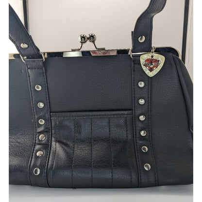 Hold Fast Handmade Gothic Black Faux Leather Handbag With Silver Studs & Kiss Lock Closure USA 11x8x4 Inch