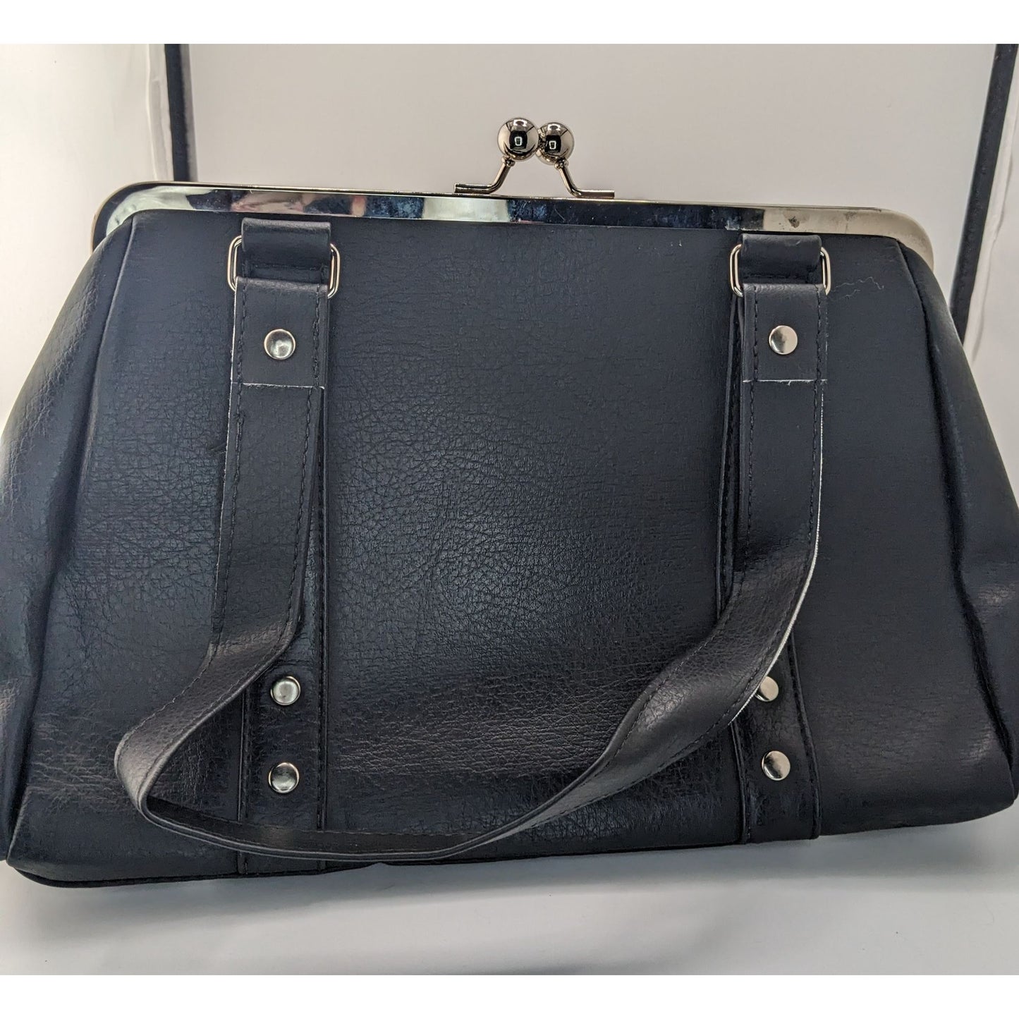 Hold Fast Handmade Gothic Black Faux Leather Handbag With Silver Studs & Kiss Lock Closure USA 11x8x4 Inch