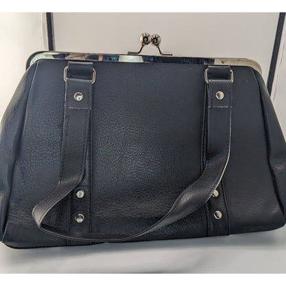 Hold Fast Handmade Gothic Black Faux Leather Handbag With Silver Studs & Kiss Lock Closure USA 11x8x4 Inch