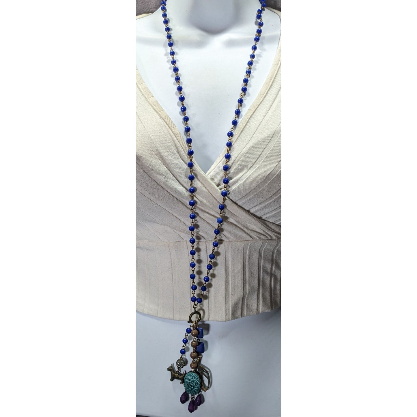 Vintage David Aubrey Blue Tassel Charm Necklace