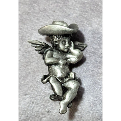 Cowboy Angel Silver Tone  Cherub  Brooch