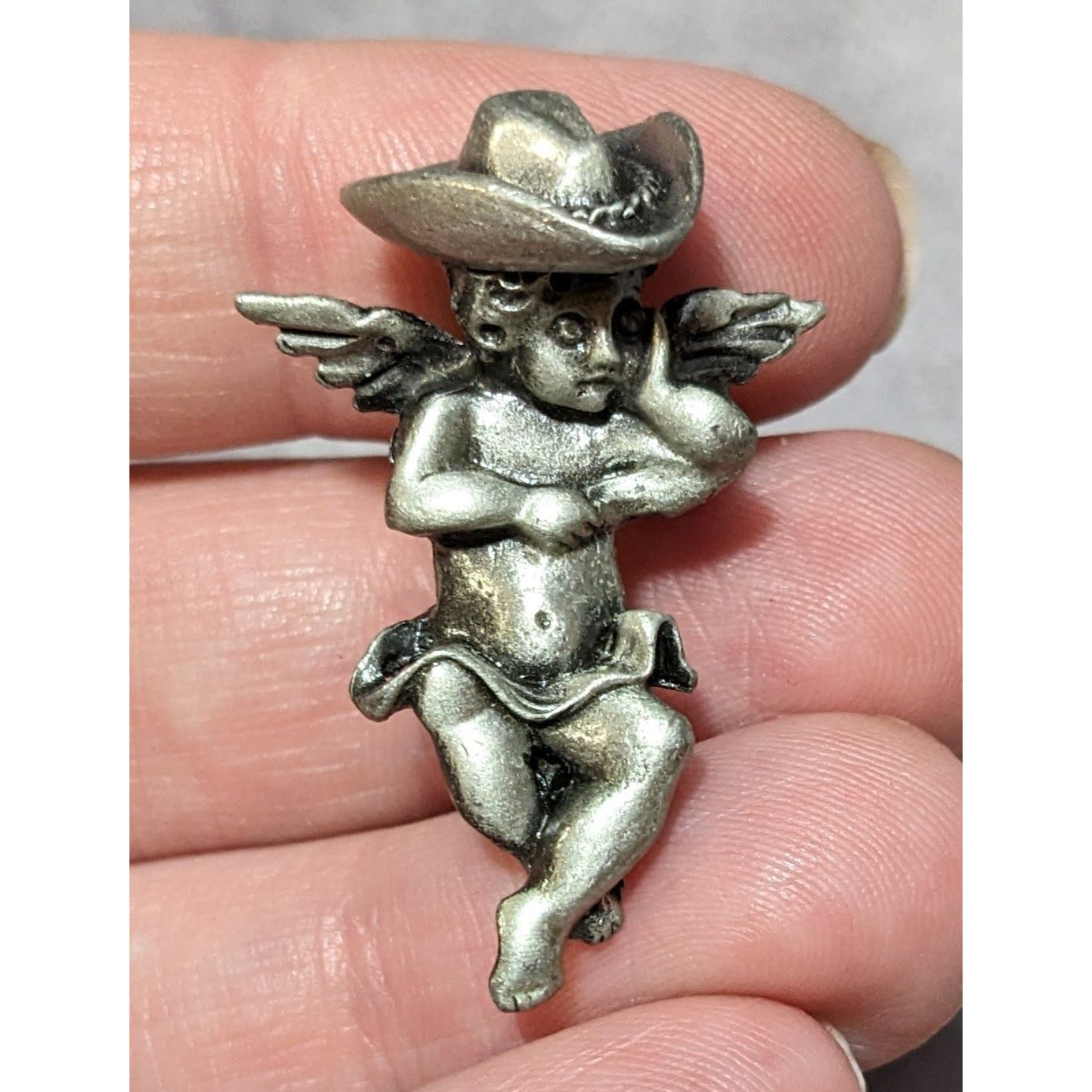 Cowboy Angel Silver Tone  Cherub  Brooch