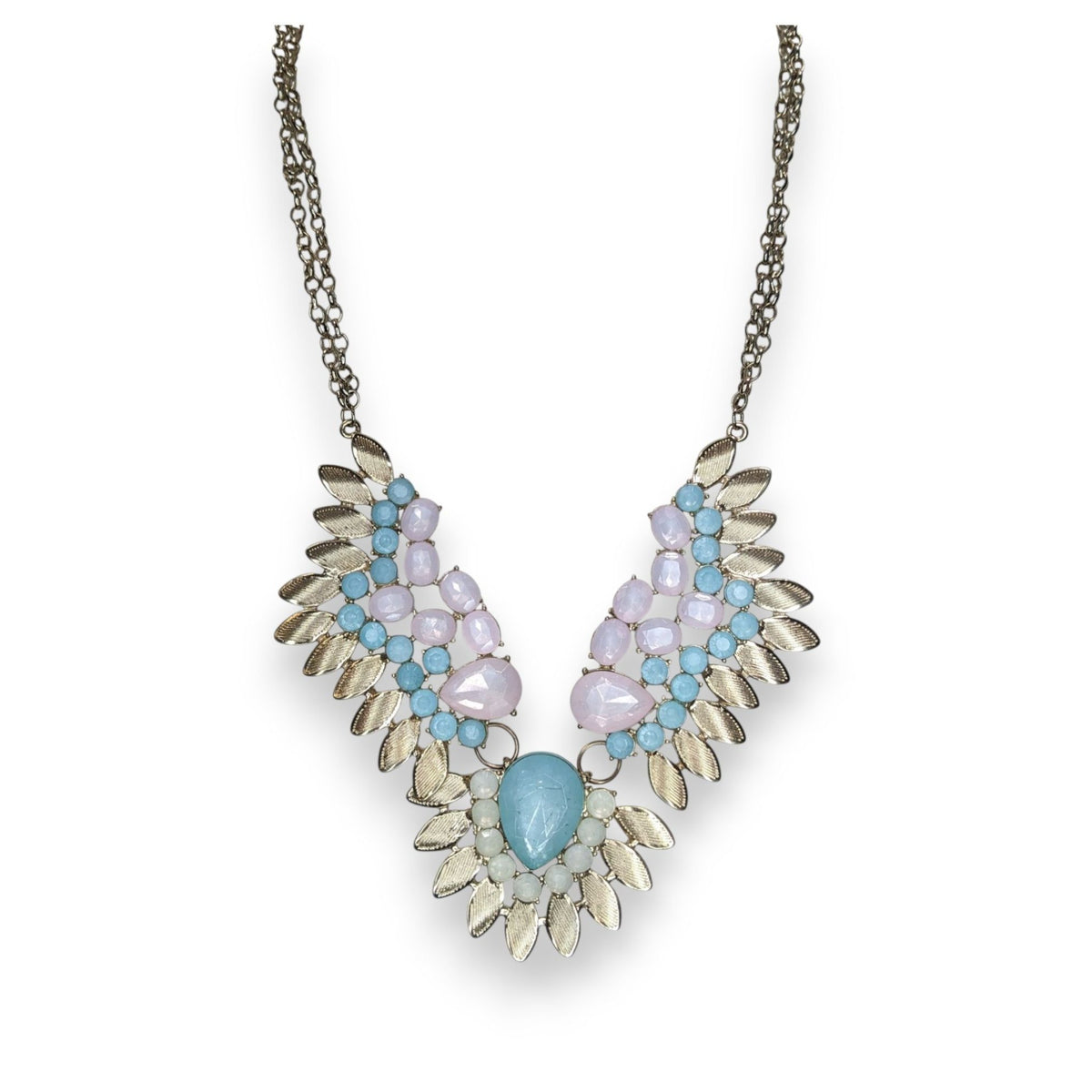 Pastel Glam Boho Statement Blue Pink Jeweled Leaf Bib Necklace