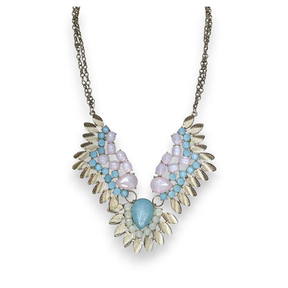 Pastel Glam Boho Statement Blue Pink Jeweled Leaf Bib Necklace