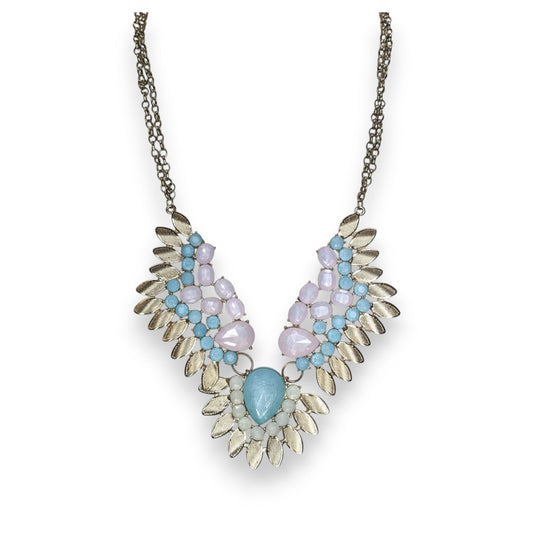 Pastel Glam Boho Statement Blue Pink Jeweled Leaf Bib Necklace