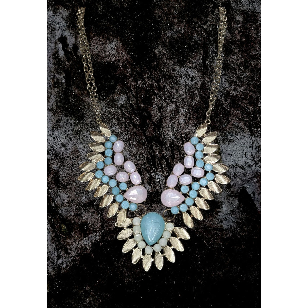 Pastel Glam Boho Statement Blue Pink Jeweled Leaf Bib Necklace