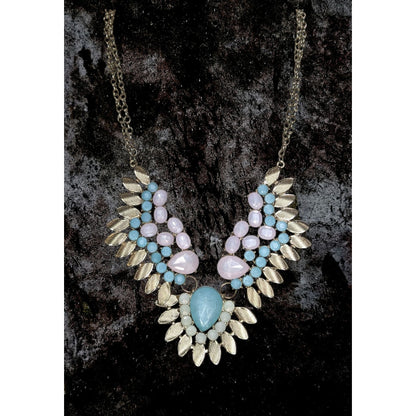 Pastel Glam Boho Statement Blue Pink Jeweled Leaf Bib Necklace