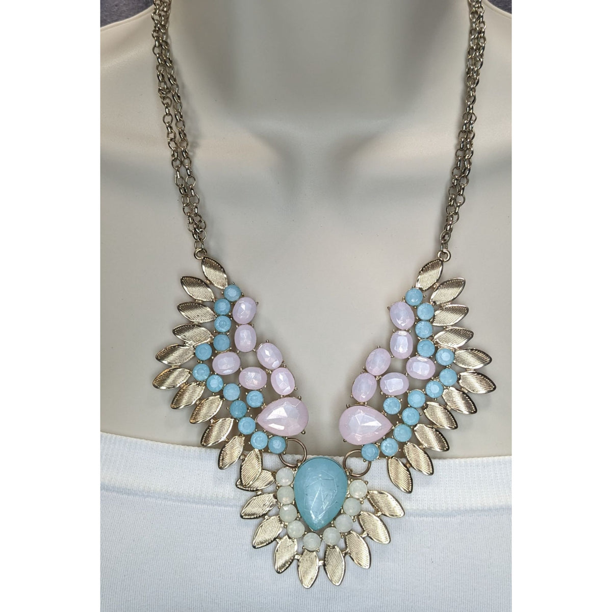 Pastel Glam Boho Statement Blue Pink Jeweled Leaf Bib Necklace