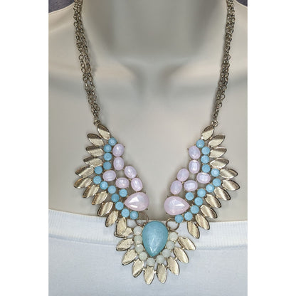 Pastel Glam Boho Statement Blue Pink Jeweled Leaf Bib Necklace