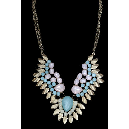 Pastel Glam Boho Statement Blue Pink Jeweled Leaf Bib Necklace