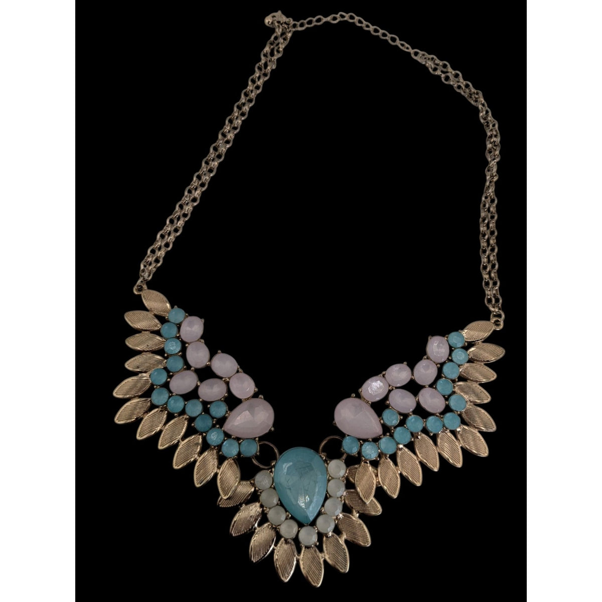 Pastel Glam Boho Statement Blue Pink Jeweled Leaf Bib Necklace