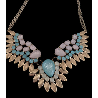 Pastel Glam Boho Statement Blue Pink Jeweled Leaf Bib Necklace