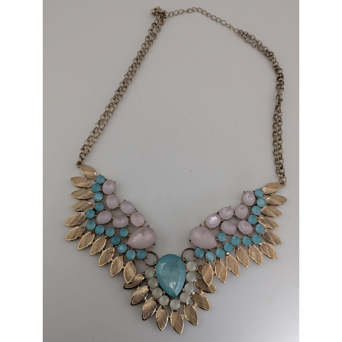 Pastel Glam Boho Statement Blue Pink Jeweled Leaf Bib Necklace