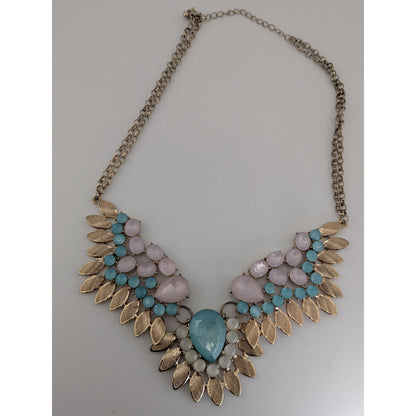 Pastel Glam Boho Statement Blue Pink Jeweled Leaf Bib Necklace