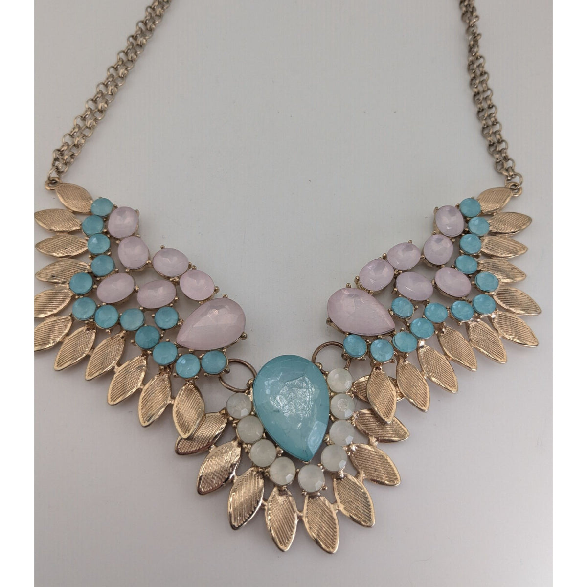 Pastel Glam Boho Statement Blue Pink Jeweled Leaf Bib Necklace