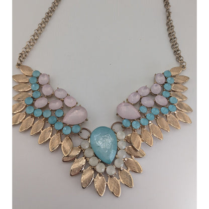Pastel Glam Boho Statement Blue Pink Jeweled Leaf Bib Necklace