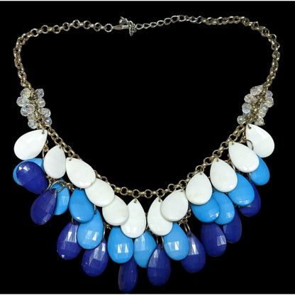 Layered Teardrop Statement Necklace In White Light Blue & Dark Blue With Crystal Accents On Gold-Tone Chain