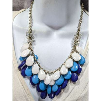 Layered Teardrop Statement Necklace In White Light Blue & Dark Blue With Crystal Accents On Gold-Tone Chain