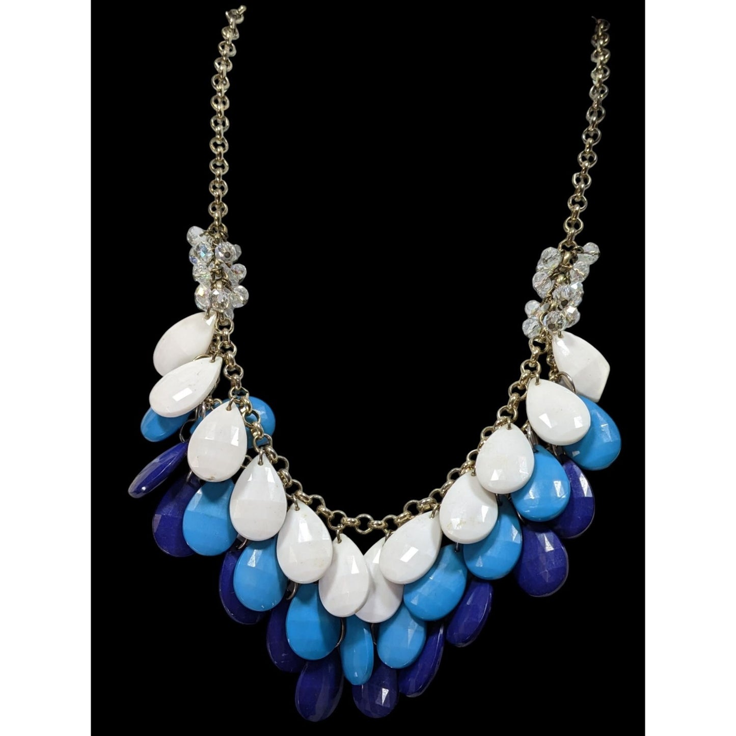 Layered Teardrop Statement Necklace In White Light Blue & Dark Blue With Crystal Accents On Gold-Tone Chain
