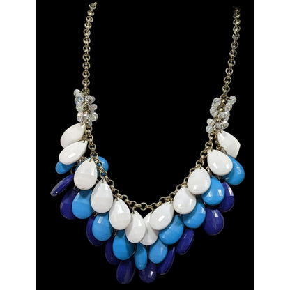 Layered Teardrop Statement Necklace In White Light Blue & Dark Blue With Crystal Accents On Gold-Tone Chain