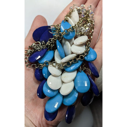 Layered Teardrop Statement Necklace In White Light Blue & Dark Blue With Crystal Accents On Gold-Tone Chain