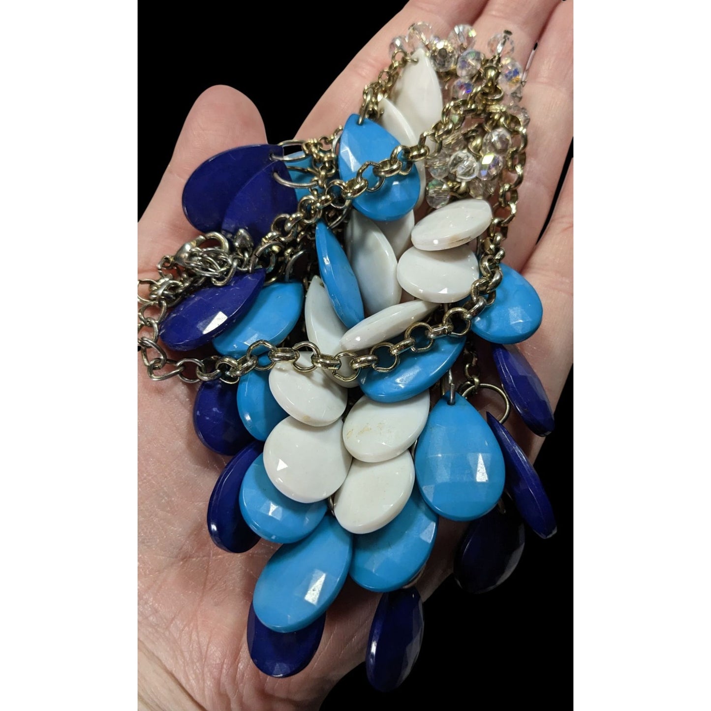 Layered Teardrop Statement Necklace In White Light Blue & Dark Blue With Crystal Accents On Gold-Tone Chain