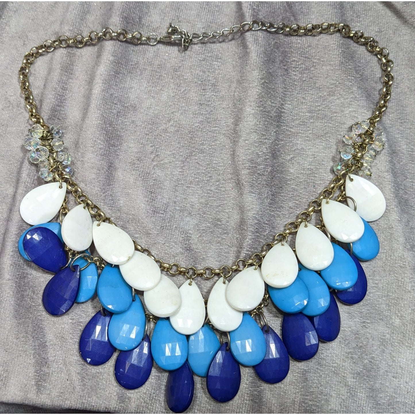 Layered Teardrop Statement Necklace In White Light Blue & Dark Blue With Crystal Accents On Gold-Tone Chain