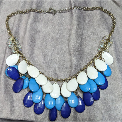Layered Teardrop Statement Necklace In White Light Blue & Dark Blue With Crystal Accents On Gold-Tone Chain