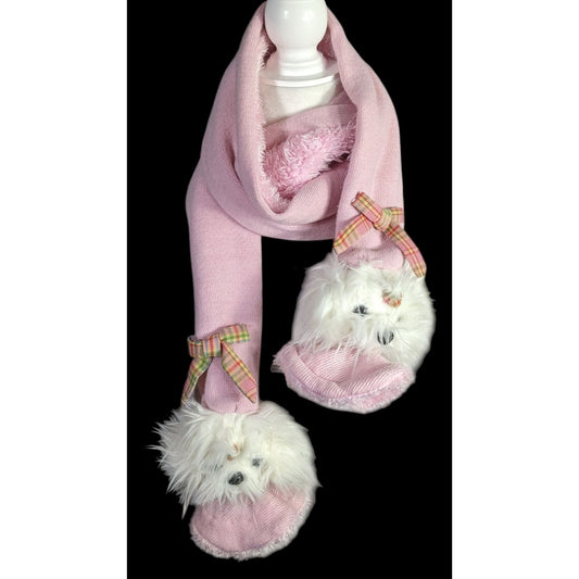 Puppy At Heart Pink Scarf With Plush Dog Accents & Plaid Bows