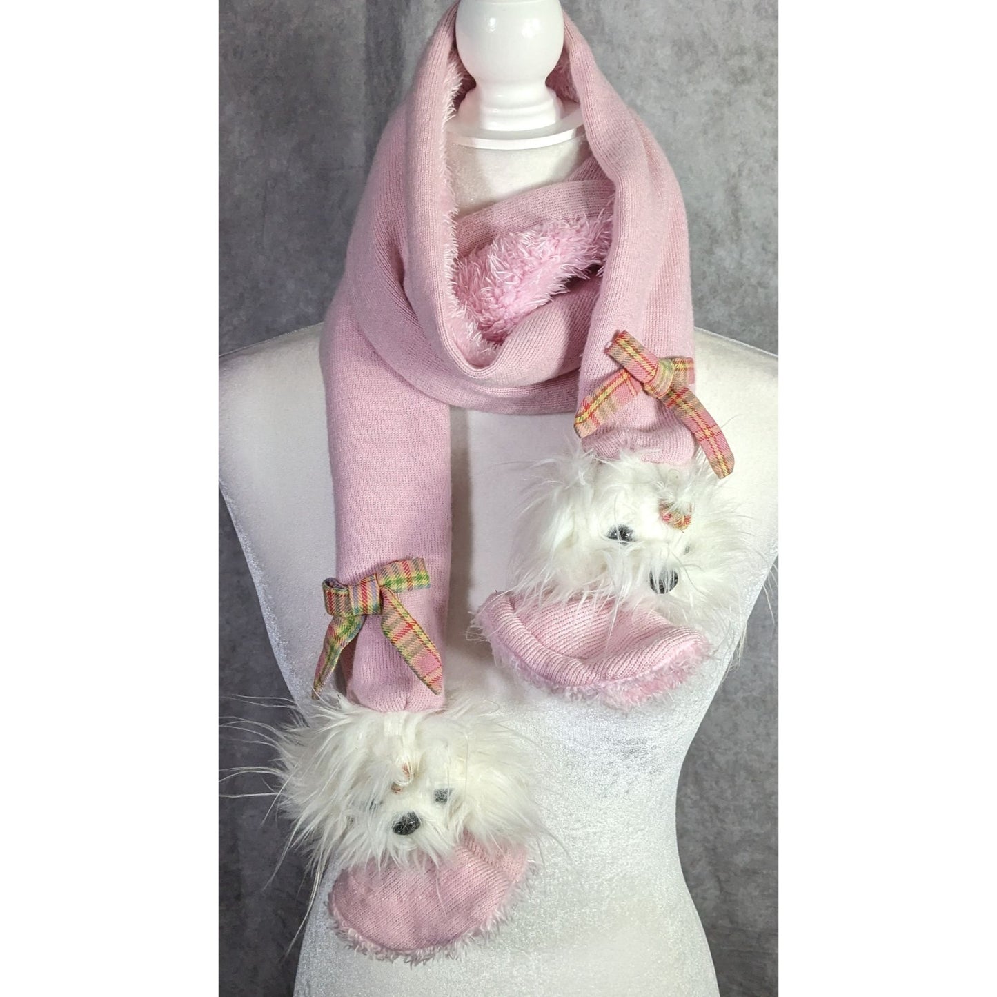 Puppy At Heart Pink Scarf With Plush Dog Accents & Plaid Bows